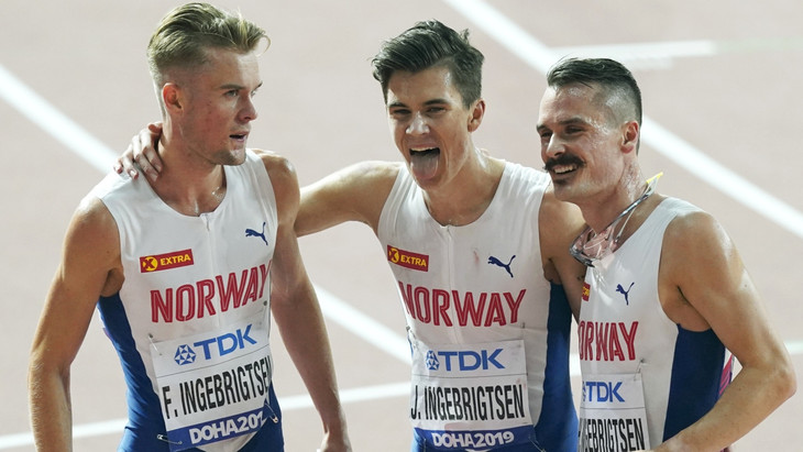 Das Trio erschöpft im Ziel: Filip, Jakob und Henrik Ingebrigtsen (von links, hier 2019)