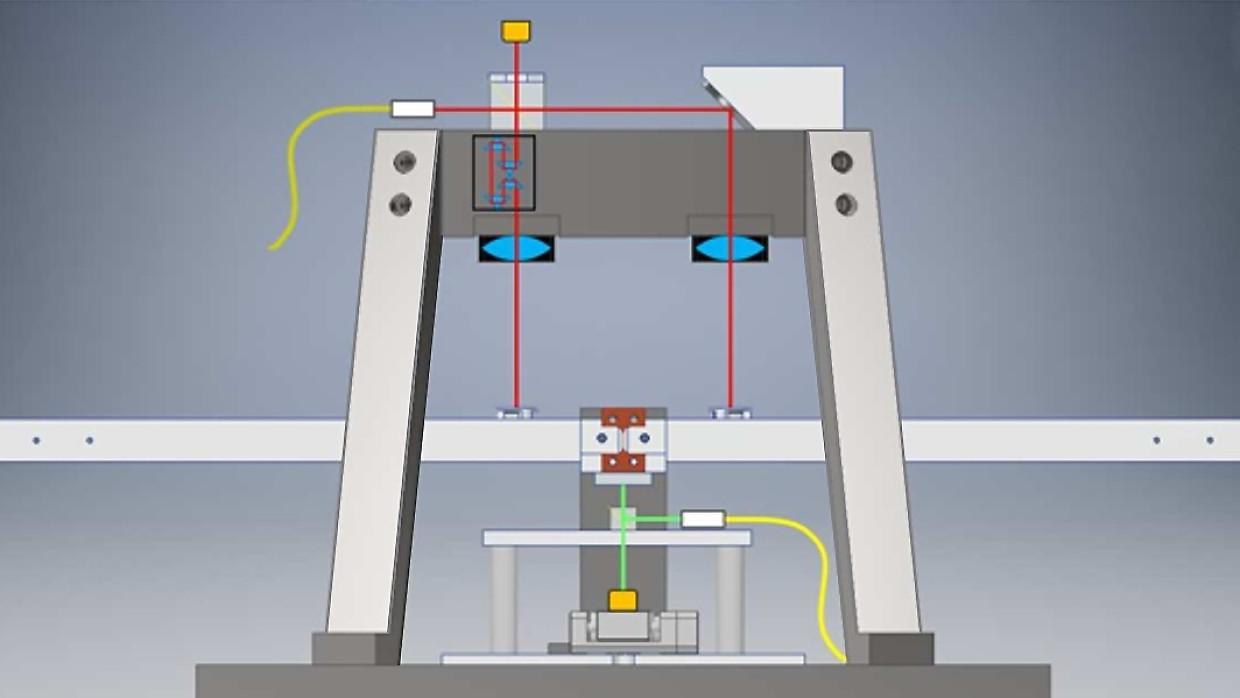 Wiegt das Vakuum: Die Graphik skizziert den Aufbau des Archimedes-Experiments. Rot der Strahlengang des Michelson-Inteferometers. Grün der eines optischen Hebelsystems, das die Waage vor Strörungen wie seismischem Rauschen schützt.