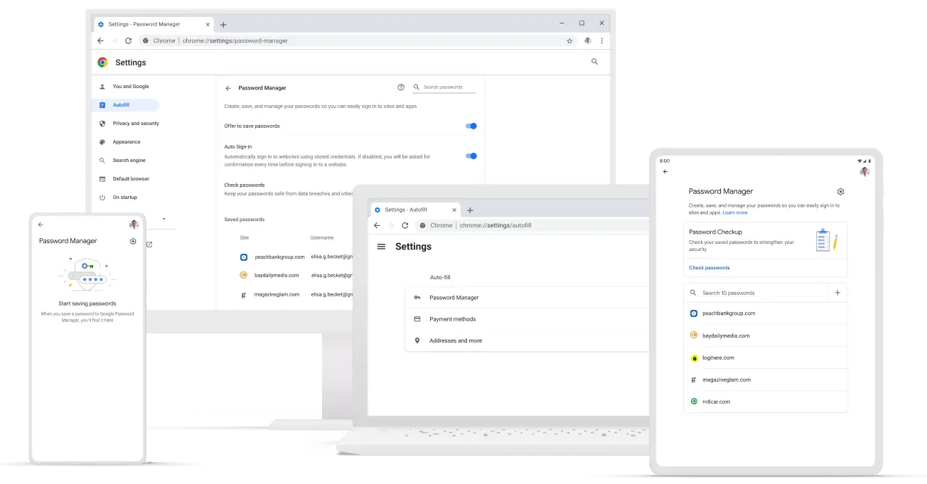 A laptop, a desktop computer, a tablet, and a mobile device show different Password Manager screens