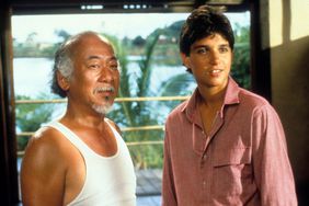 Pat Morita and Ralph Macchio in a scene from the film 'The Karate Kid', 1984