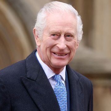King Charles III smiles as he leaves after attending the Easter Mattins Service at at St. George's Chapel, Windsor Castle 