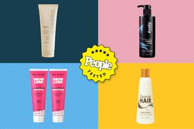 Collage of shampoos we recommend for hair growth on a colorful background