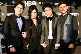 Joseph Armstrong, Adrienne Armstrong, Billie Joe Armstrong and Jakob Armstrong attend the 30th Annual Rock And Roll Hall Of Fame Induction Ceremony at Public Hall on April 18, 2015 in Cleveland, Ohio.