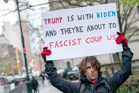 Max Azzarello protests outside of the Manhattan courthouse where former U.S. President Donald Trump's hush money trial is underway on April 18, 2024 in New York City. Former President Trump faces 34 felony counts of falsifying business records in the first of his criminal cases to go to trial.