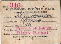 Richmond County Fair tag for underwear set, 1912