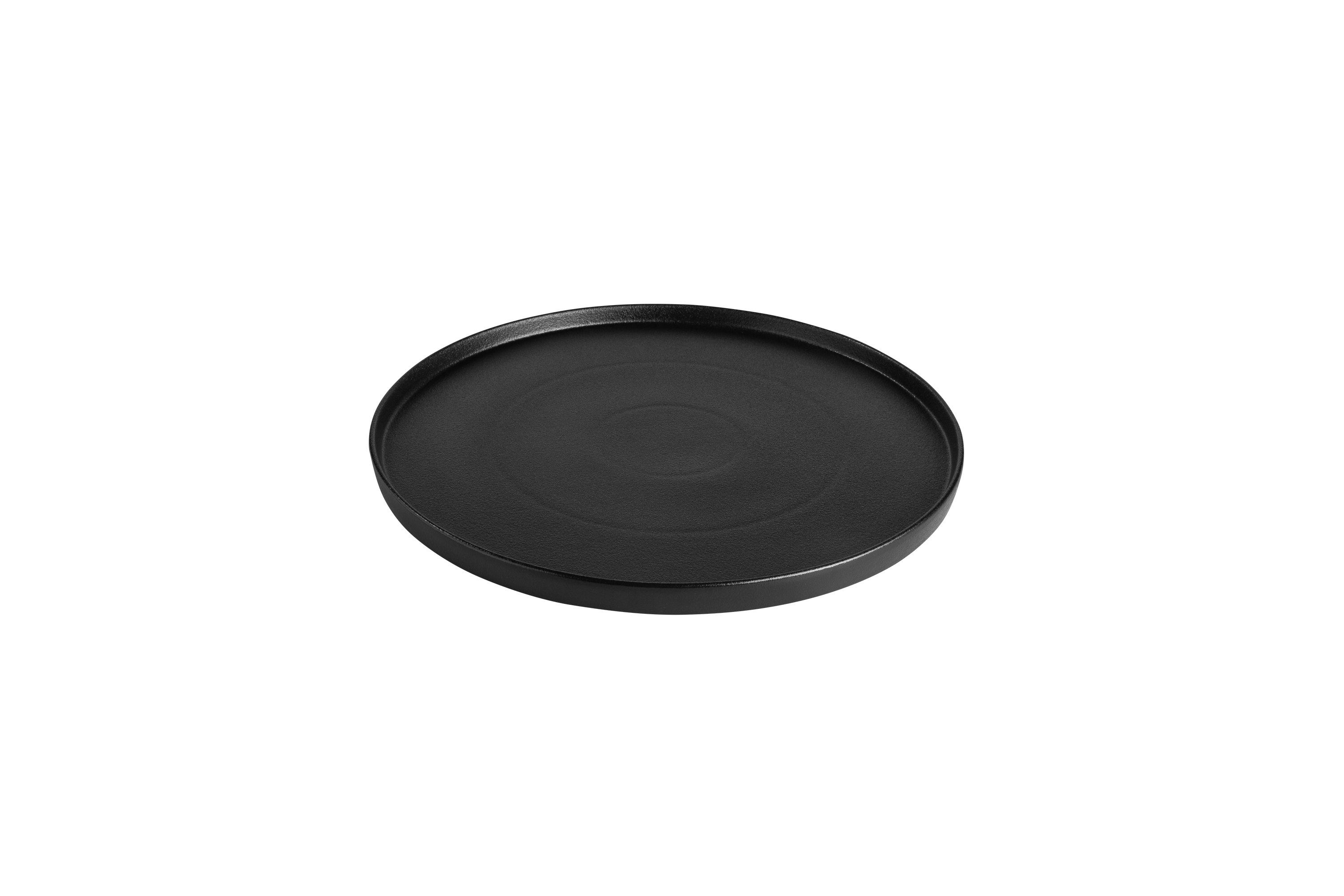Eine runde, schwarze Servierplatte
