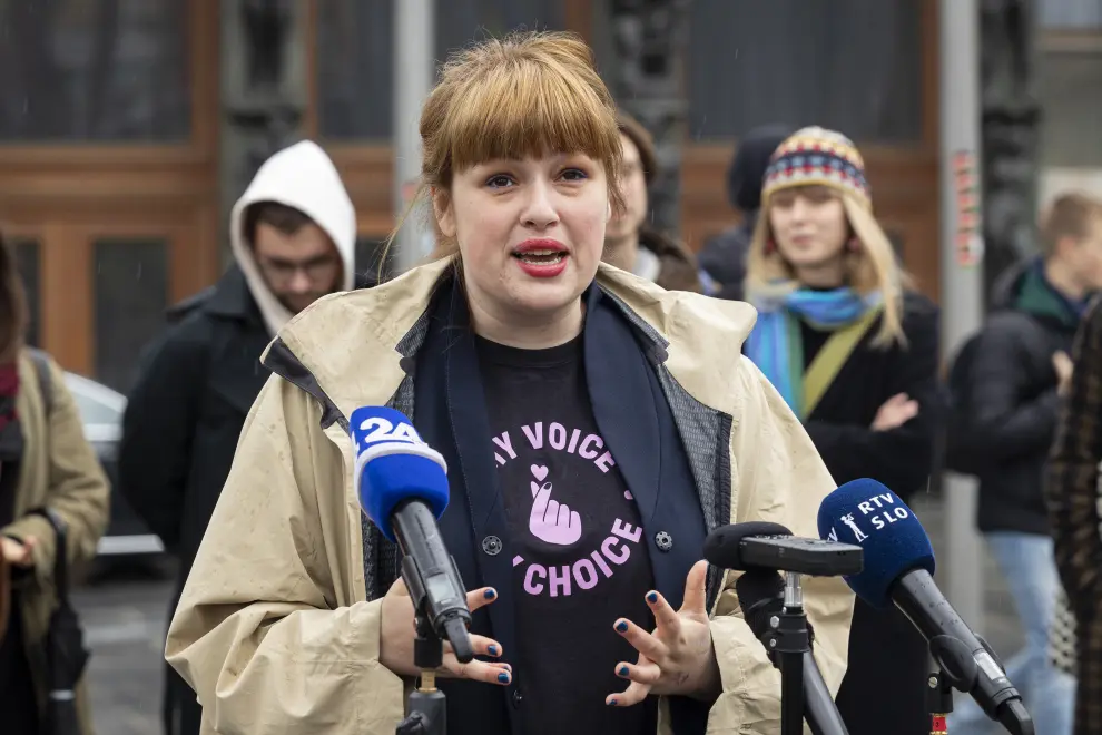 Activist Nika Kovač speaks to the press at the launch of the My Voice, My Choice campaign. Photo: Bor Slana/STA