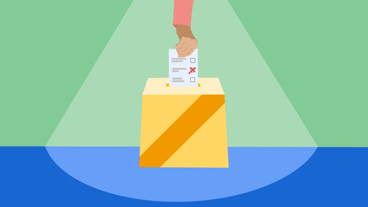 Illustration einer Wahlurne, eine Hand steckt einen Stimmzettel hinein