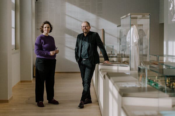 Annemiek Gringold, left, head curator of the National Holocaust Museum in Amsterdam, and Emile Schrijver, the museum’s general director, in one of the museum’s exhibition spaces last month.