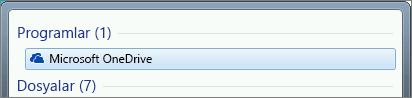 Windows 7’de OneDrive masaüstü uygulamasını aramanın ekran görüntüsü