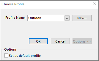 Accept default setting of Outlook in Choose Profile dialog box