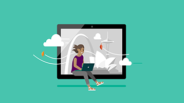 Girl with a laptop and clouds all around