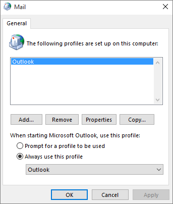 Mail property sheet used to add or remove a profile for your Outlook account